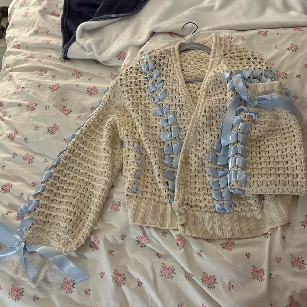 Women's Cream Sweater with Blue Accents